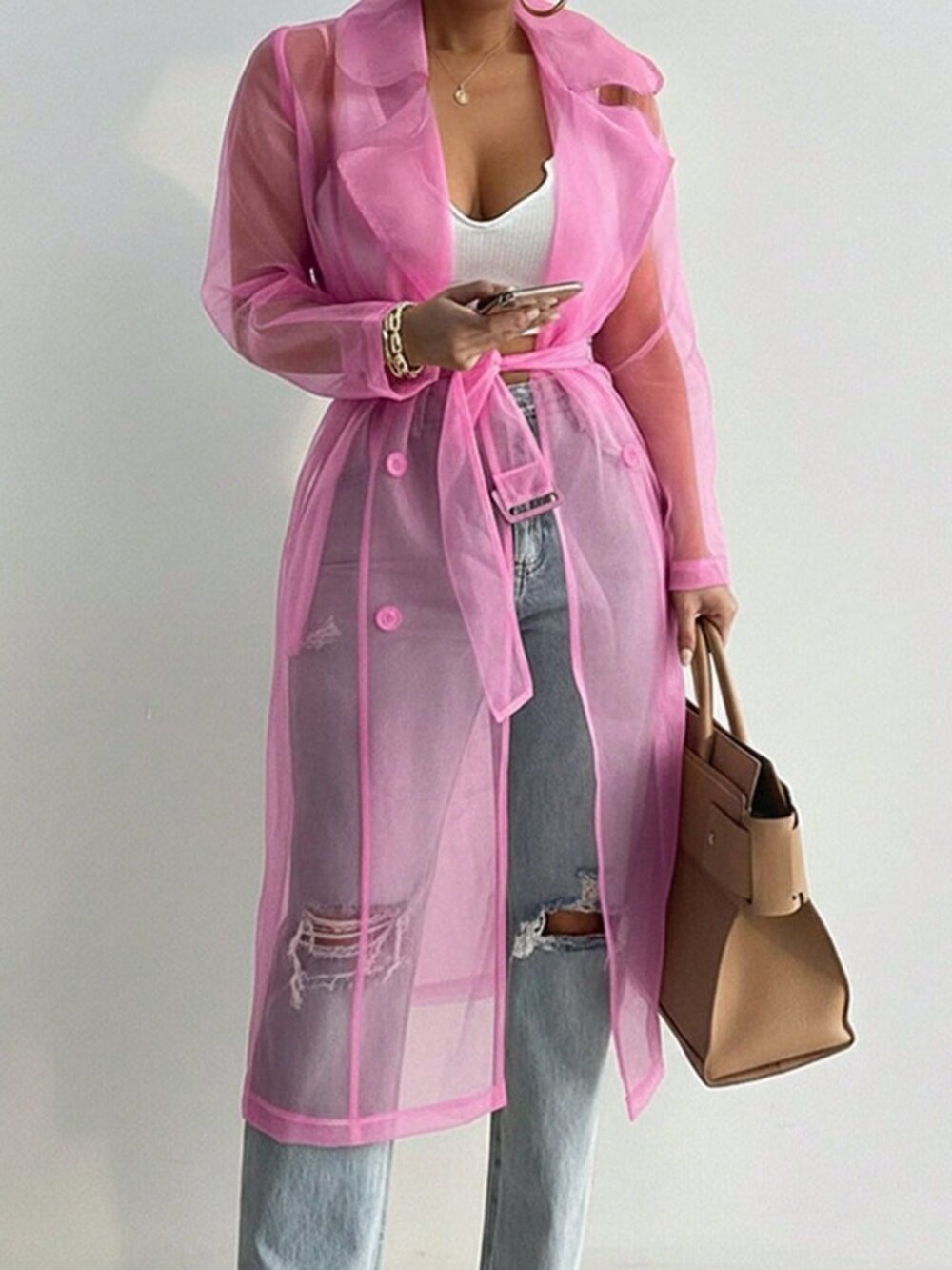 Baby Pink Sheer Mesh Casual Women's Button-Down Long Trench Coat